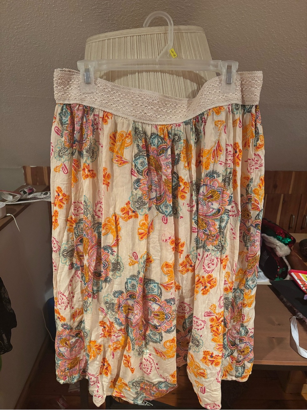 Cream Floral Midi Skirt with Elastic Smocked Waist